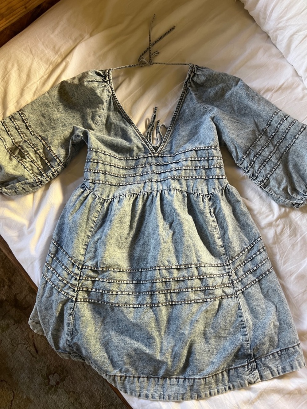 Free People Washed Chambray V-Neck Babydoll Dress - Light Blue